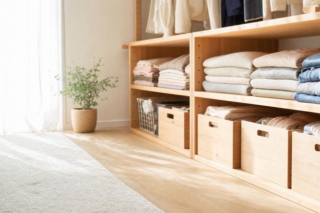 明るい部屋で整理された衣類と木箱