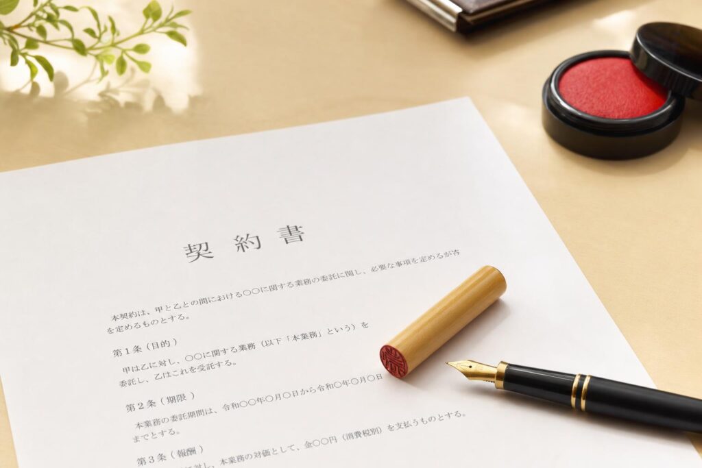 机の上に置かれた書類と印鑑・万年筆