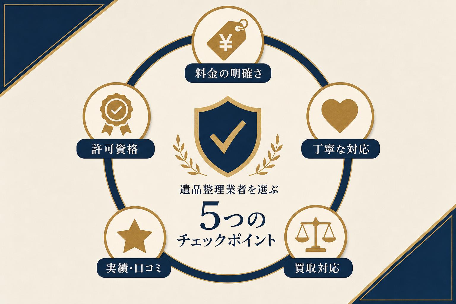 見積り・契約・仕分け・搬出・清掃の遺品整理5ステップのフロー図