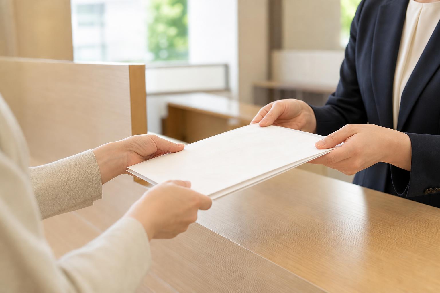 市区町村の窓口で書類を提出している様子
