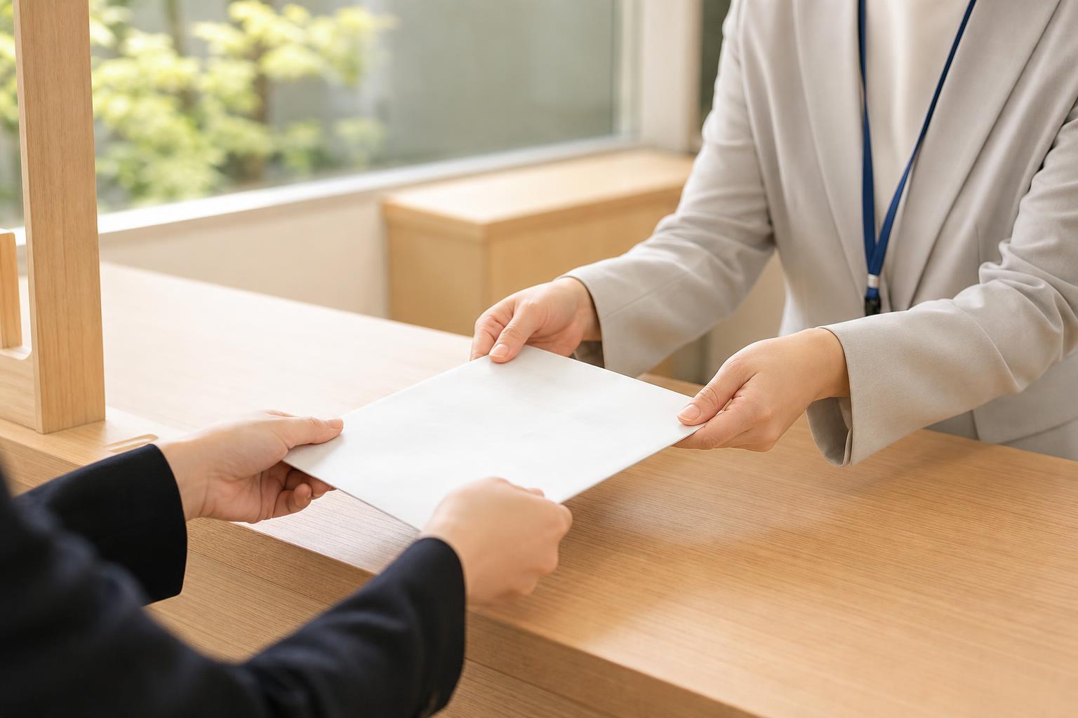 市区町村の窓口で書類を提出している様子
