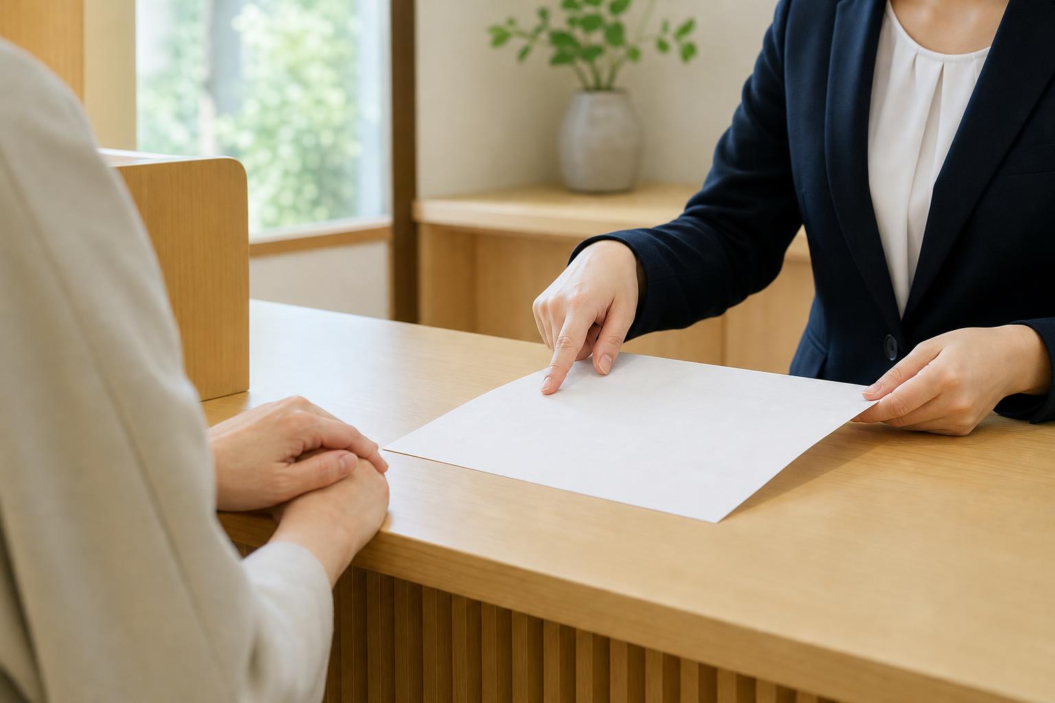 自治体の窓口で許可業者一覧を確認している様子